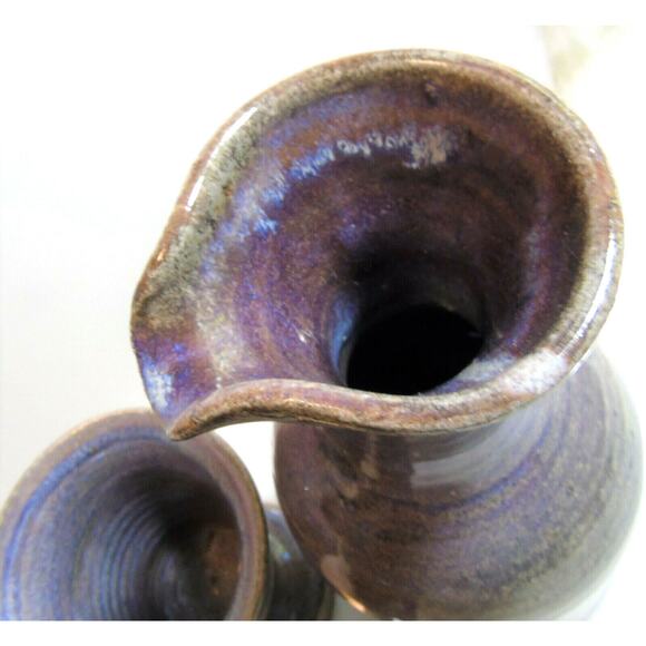 Studio Pottery WINE GOBLETS & DECANTER PITCHER + STOPPER Purple Gray - Picture 7 of 8